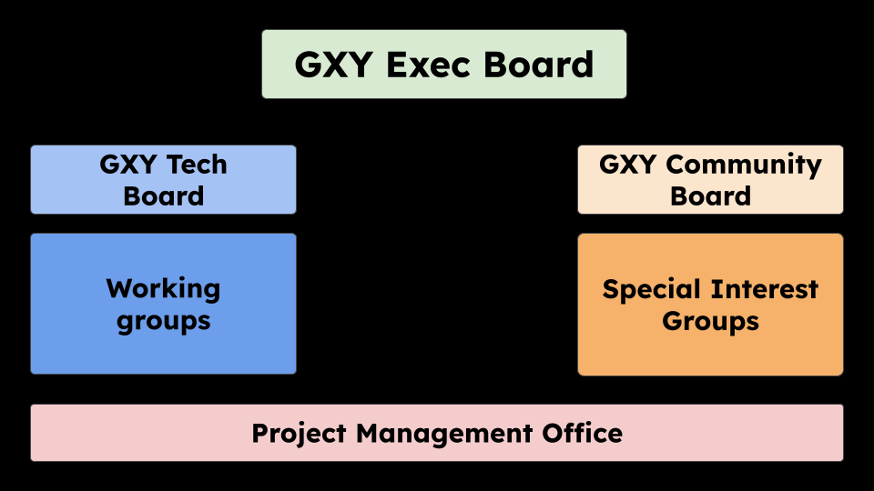 Galaxy Executive Board is in a rectangle over top of two rectangles, the Galaxy Technical Board and Galaxy Community Board, which are themselves over top of Working Groups and Special Interest Groups, respectively. A Project Management Office rectangle spans the image across the bottom
