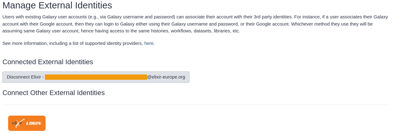 Enabled Galaxy account with ELIXIR AAI