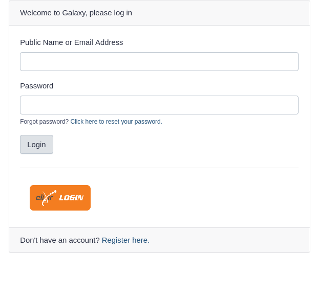 Galaxy login screen with ELIXIR AAI button