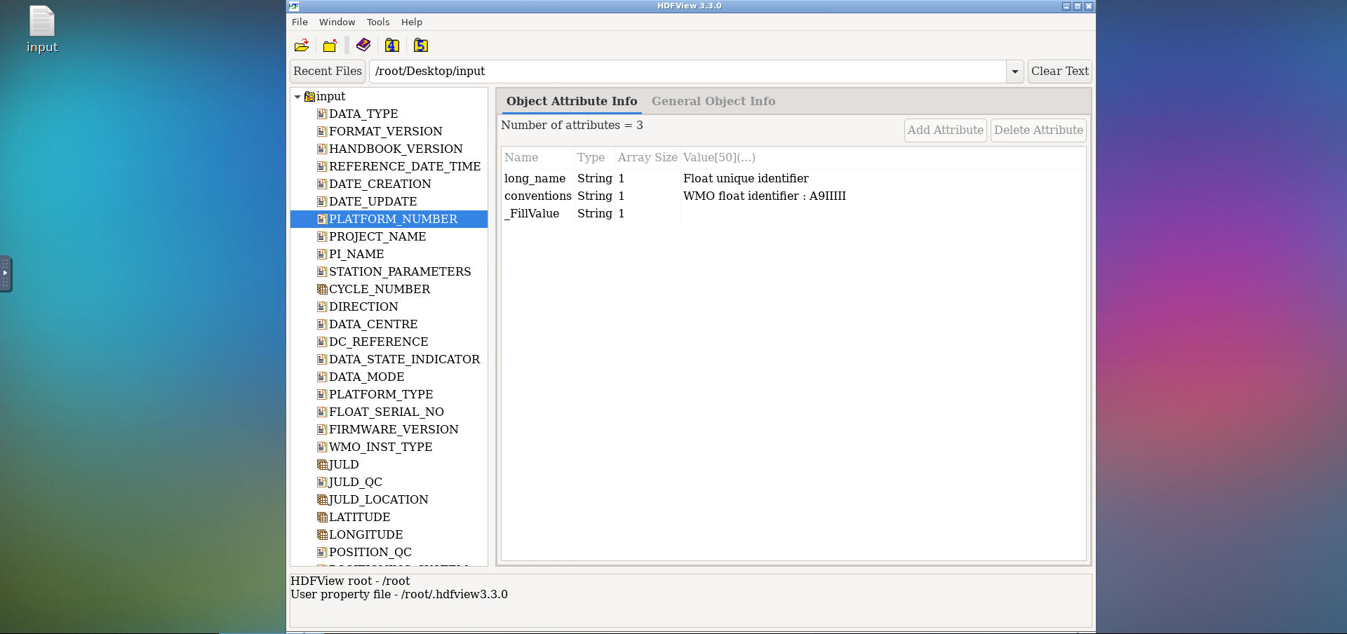 Screenshot of HDFView running in a Virtual Desktop Environment