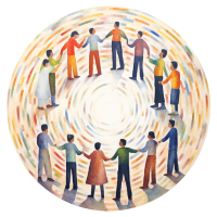 Logo for Galaxy single cell community. People in a circle holding hands standing on a swirling UMAP
