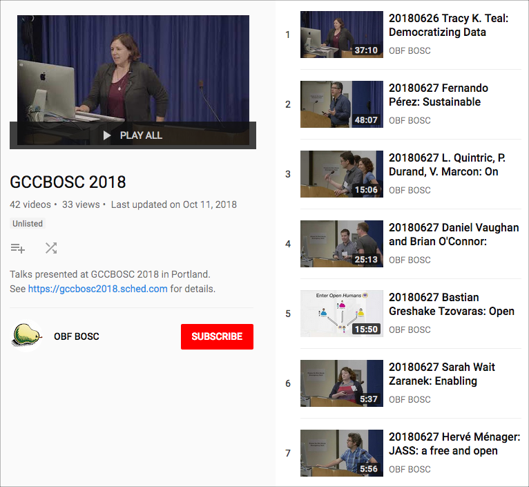 BOSC and joint talks are available on the BOSC YouTube channel and linked to from their conference page.