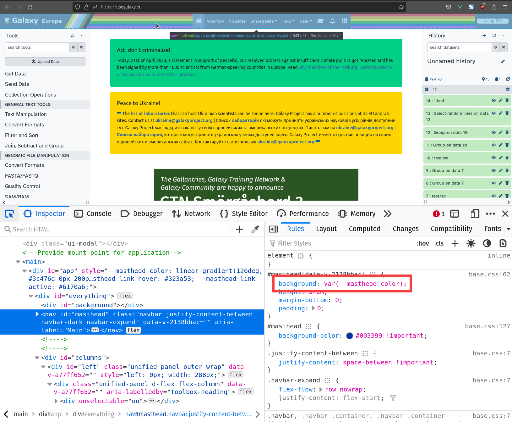 Screenshot of Firefox dev tools, with the CSS variable 