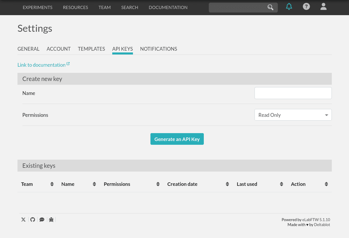 eLabFTW API Keys tab on settings page