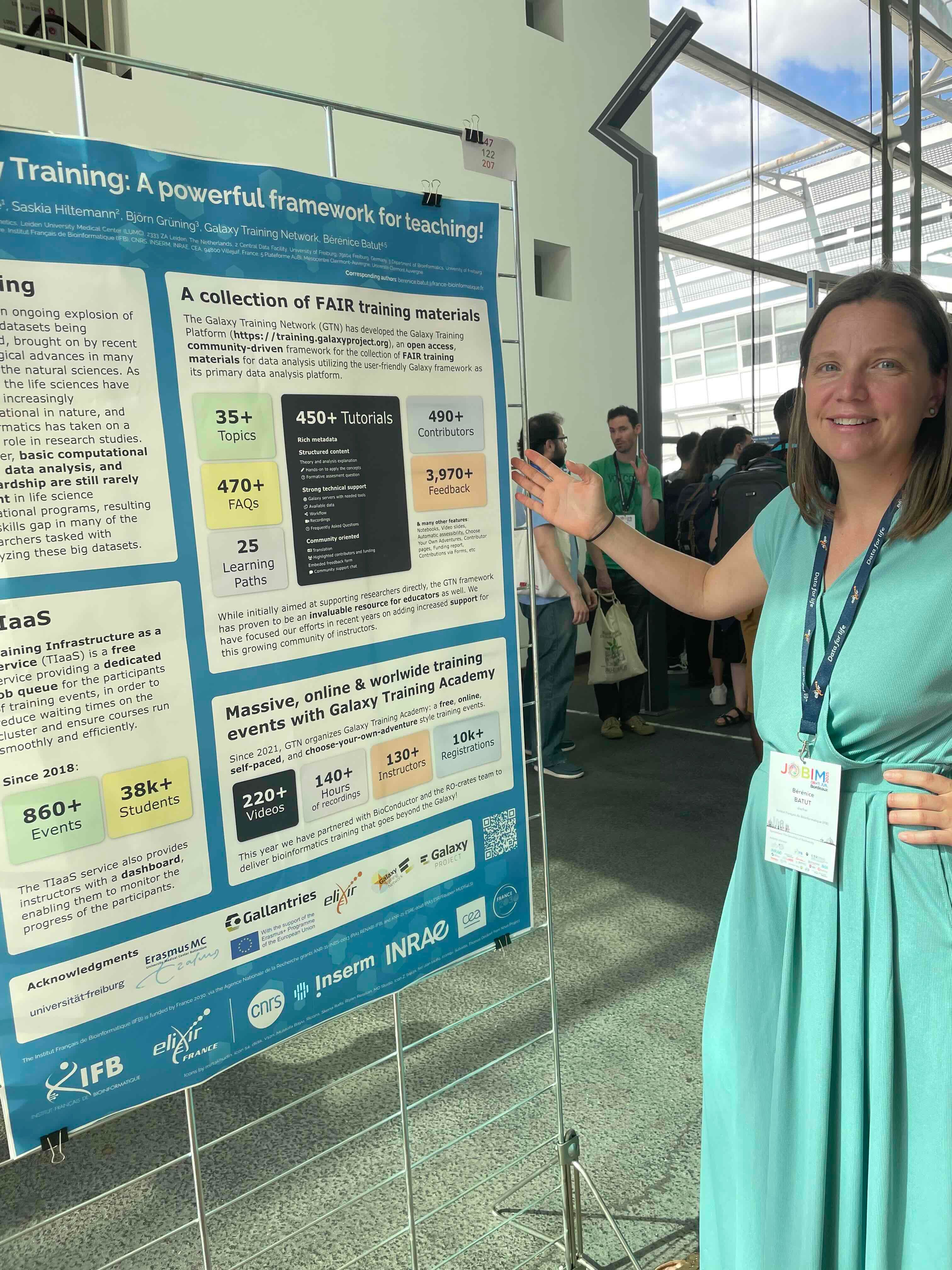 The image depicts a woman standing next to a poster presentation at scientific conference. The woman is wearing a light green dress and a lanyard with a name badge. The poster behind her is titled 'A powerful framework for teaching!' and focuses on the Galaxy Training Network (GTN). The poster provides detailed information about the GTN, including its purpose, achievements, and resources. Key points highlighted on the poster include the collection of FAIR (Findable, Accessible, Interoperable, and Reusable) training materials, with statistics such as over 35 topics, 450+ tutorials, contributions from 490+ contributors, and 3,970+ feedback entries. Additionally, the poster mentions the organization of massive, online, and worldwide training events, with over 220 videos, 140+ hours of recordings, and participation from 130+ instructors and 10,000+ registrants. The poster also acknowledges various supporting institutions and projects, such as the Institut Français de Bioinformatique (IFB), Erasmus+, and INRAE. The background shows a busy conference setting with other attendees walking and engaging in discussions.