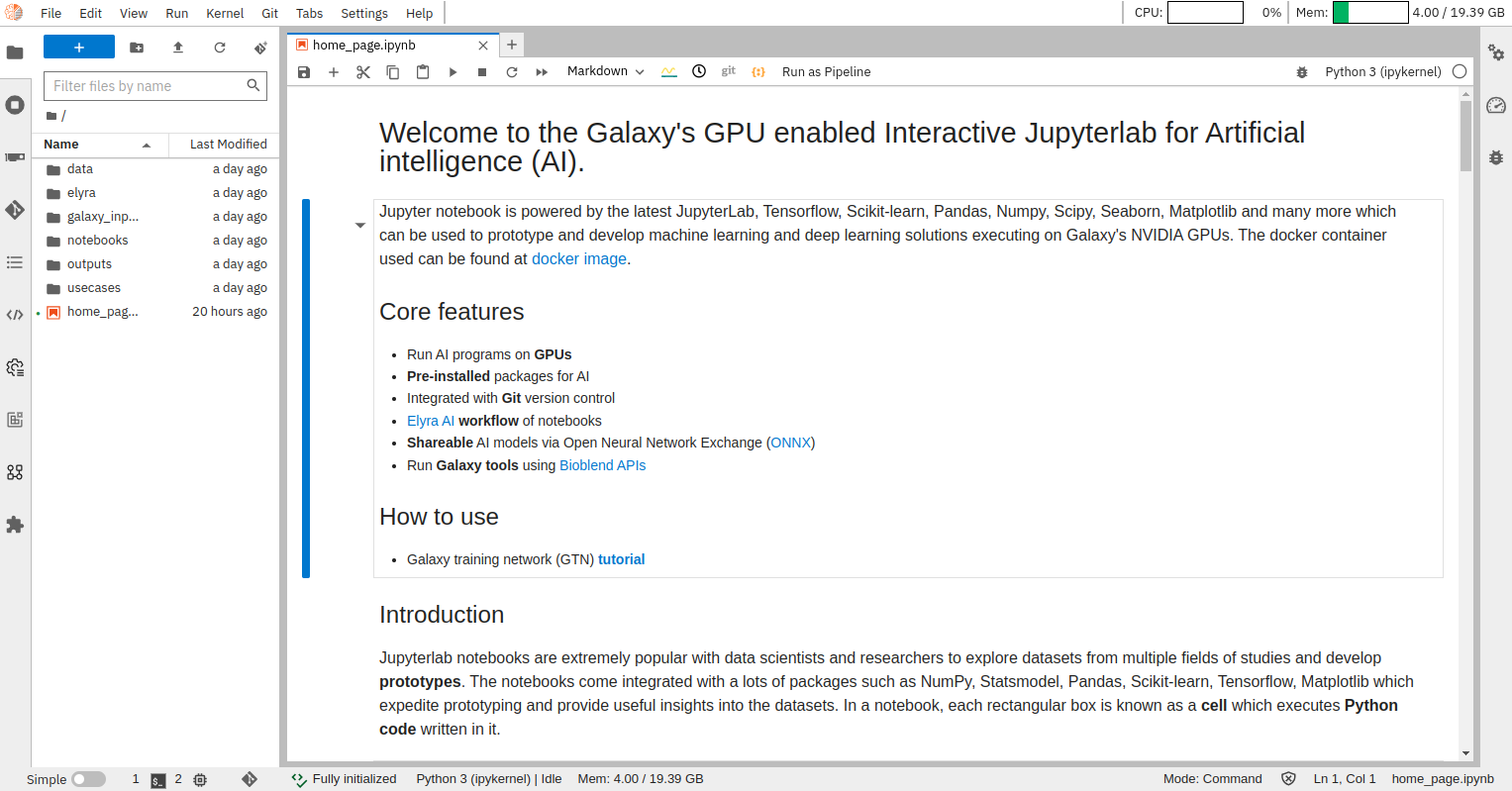 GPU-enabled JupyterLab in Galaxy for AI