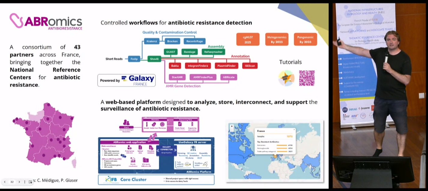 The image depicts a presentation slide about a consortium focused on antibiotic resistance in France. It highlights a collaboration of 43 partners, including various National Reference Centers, aimed at detecting and managing antibiotic resistance. The slide features a map of France with marked locations indicating the consortium's reach. It outlines controlled workflows for antibiotic resistance detection, showcasing tools and software used at different stages such as Quality & Contamination Control, Assembly, Annotation, and AMR Gene Detection, with specific tools like Kraken2, Shovill, and ABRicate mentioned. The platform is powered by Galaxy France and is designed to analyze, store, interconnect, and support the surveillance of antibiotic resistance. Additionally, the slide includes a screenshot of the ABRomics web application interface and a world map showing the distribution of antibiotic resistance samples. The presentation appears to be part of a conference or seminar, with a speaker visible on the right side of the image.