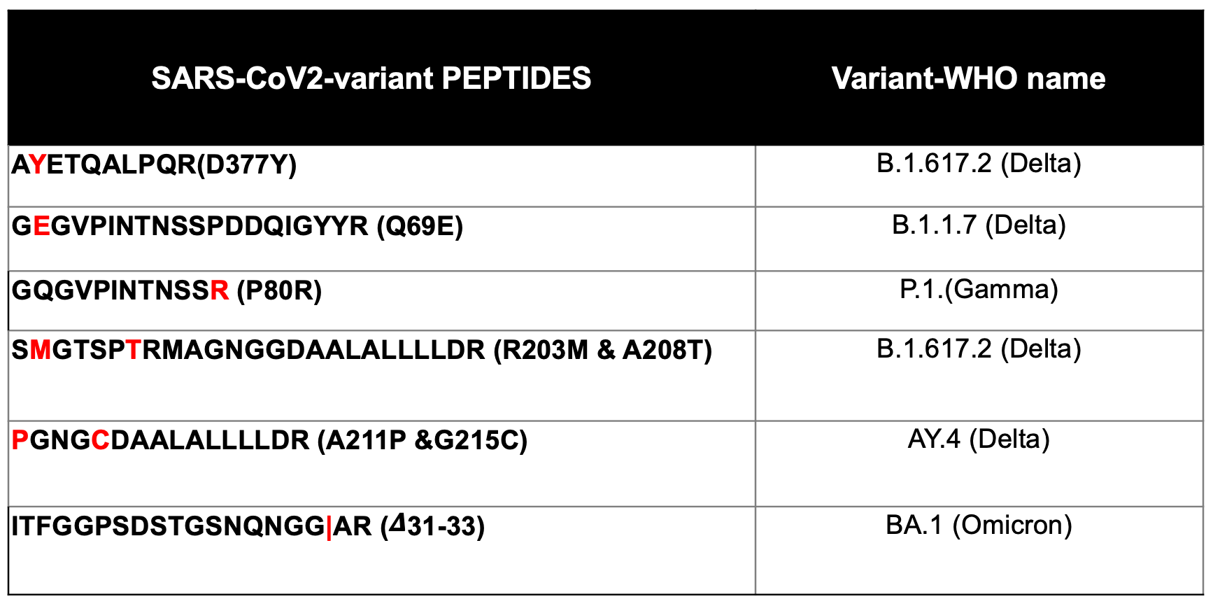 Peptides with amino acid variants in different WHO Variants of concern