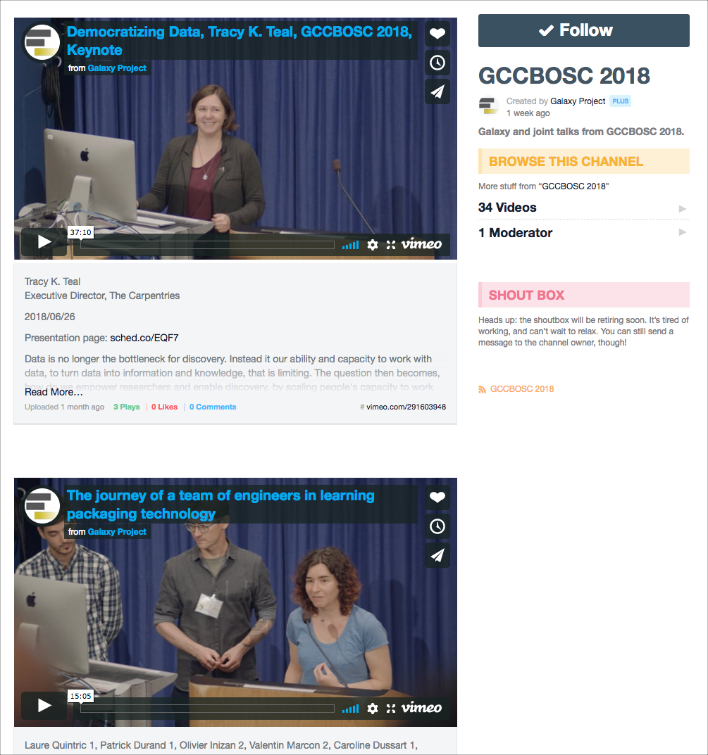 Galaxy and joint talks are available on Vimeo and are linked to from their conference pages