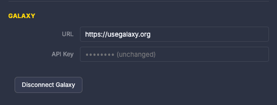 Orbit Preferences: the Galaxy server URL and API key fields