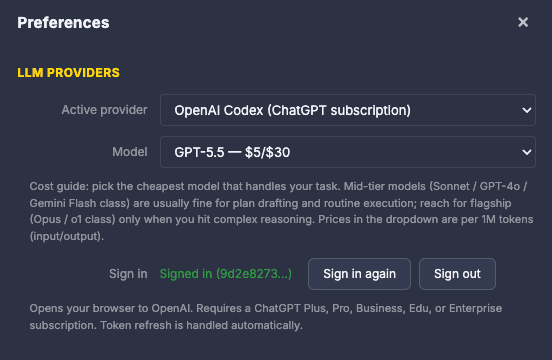 Orbit Preferences: the LLM provider dropdown, model selector and the OpenAI subscription sign-in