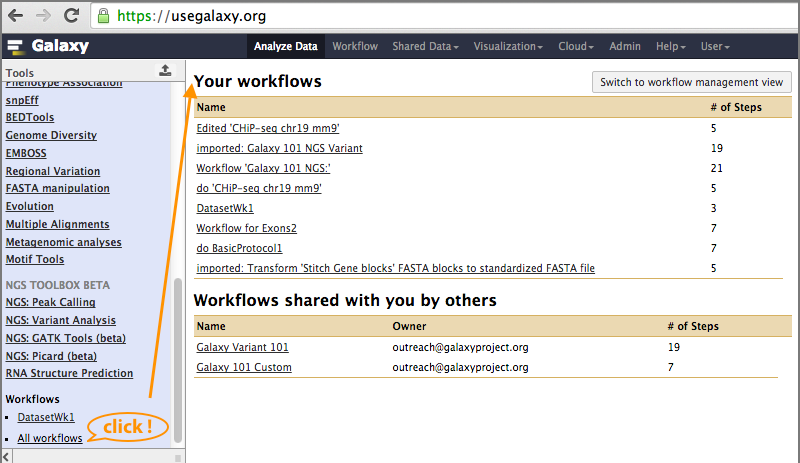 workflows in the tool panel