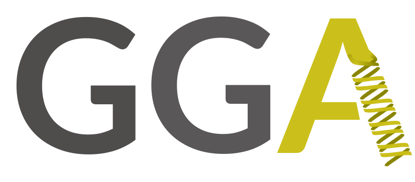 Logo for Galaxy Genome Annotation community. The 3 capital letters in different colors.