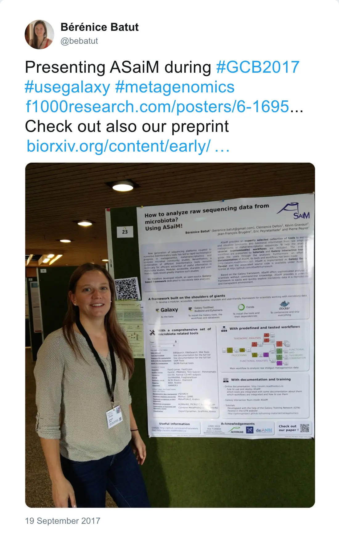 Post by Bérénice Batut (@bebatut): Presenting ASaiM during #GCB2017 #usegalaxy #metagenomics https://f1000research.com/posters/6-1695 ... Check out also our preprint http://www.biorxiv.org/content/early/2017/09/04/183970 …