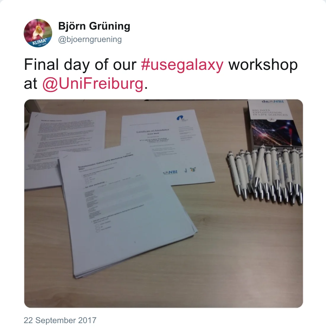 Post by Björn Grüning (@bjoerngruening): Final day of our #usegalaxy workshop at @UniFreiburg.