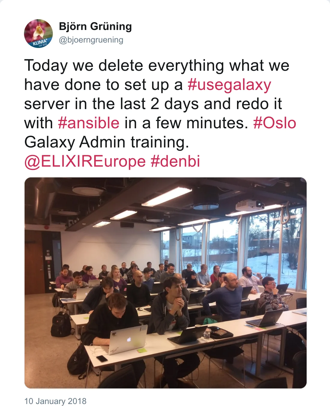 Post by Björn Grüning (@bjoerngruening): Today we delete everything what we have done to set up a #usegalaxy server in the last 2 days and redo it with #ansible in a few minutes. #Oslo Galaxy Admin training. @ELIXIREurope #denbi