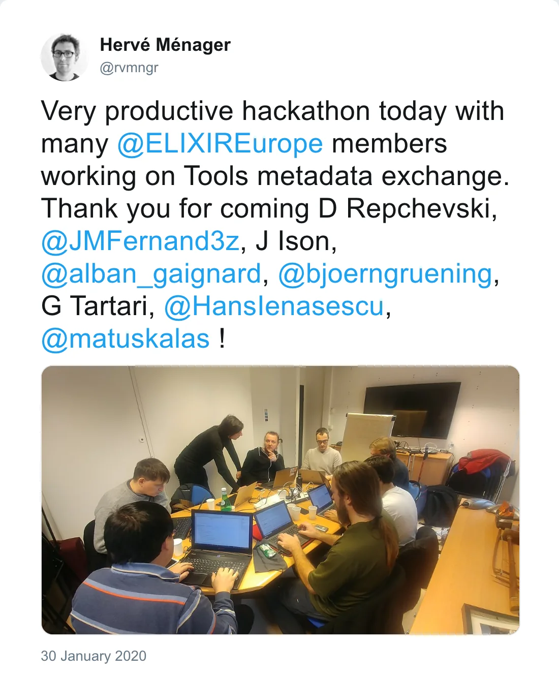 Post by Hervé Ménager (@rvmngr): Very productive hackathon today with many @ELIXIREurope members working on Tools metadata exchange. Thank you for coming D Repchevski, @JMFernand3z, J Ison, @alban_gaignard, @bjoerngruening, G Tartari, @HansIenasescu, @matuskalas !