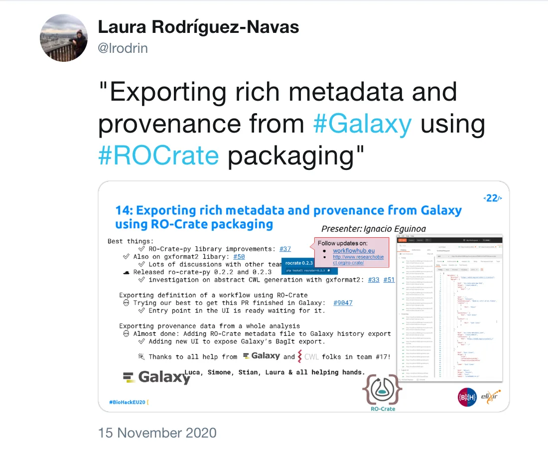 Post by Laura Rodríguez-Navas🎗🏳️‍🌈 (@lrodrin): "Exporting rich metadata and provenance from #Galaxy using #ROCrate packaging"