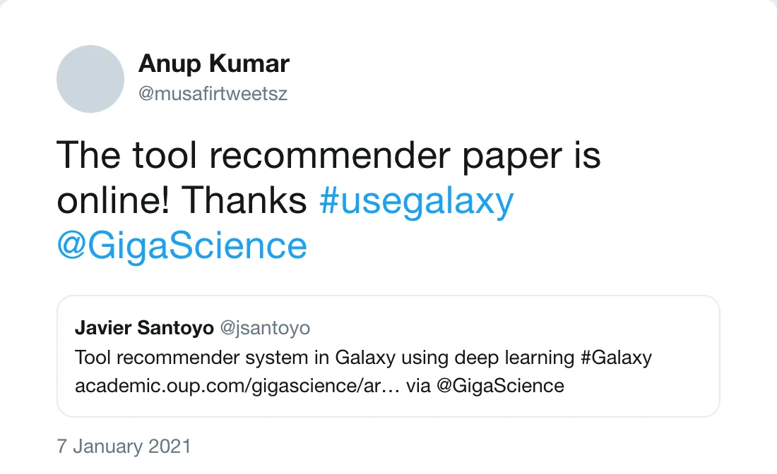 Post by Anup Kumar (@musafirtweetsz): The tool recommender paper is online! Thanks #usegalaxy @GigaScience