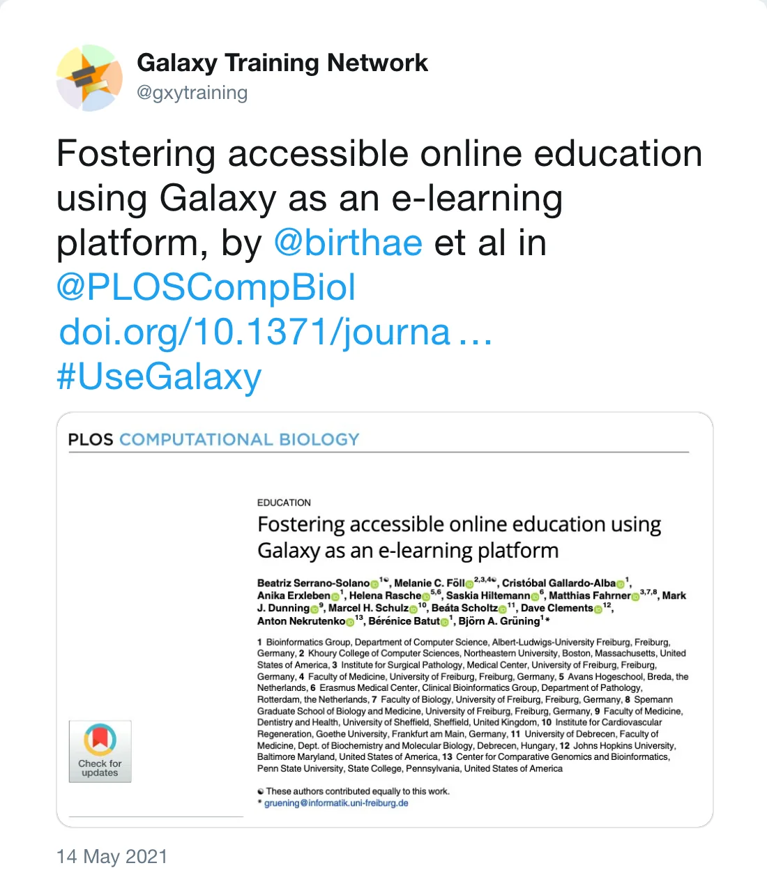 Post by Galaxy Training Network (@gxytraining): Fostering accessible online education using Galaxy as an e-learning platform, by @birthae et al in @PLOSCompBiol https://doi.org/10.1371/journal.pcbi.1008923 … #UseGalaxy