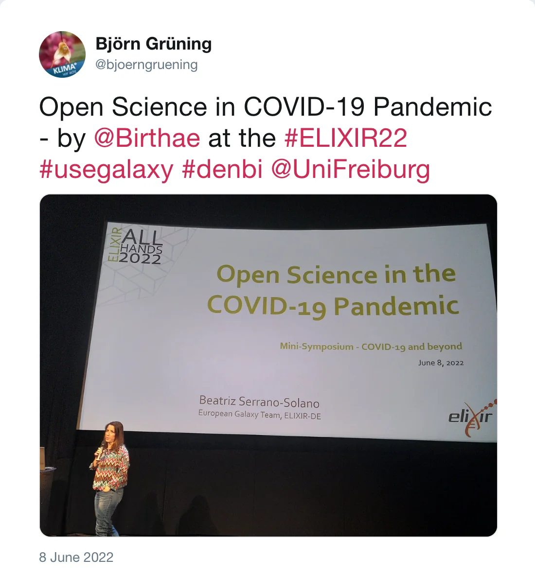 Post by Björn Grüning (@bjoerngruening): Open Science in COVID-19 Pandemic - by @Birthae at the #ELIXIR22 #usegalaxy #denbi @UniFreiburg