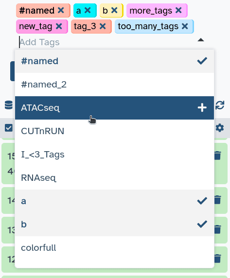 The tags autocompletion menu open, showing some options. Mouse hovering over option "ATACseq", showing a plus icon to the right of the option
