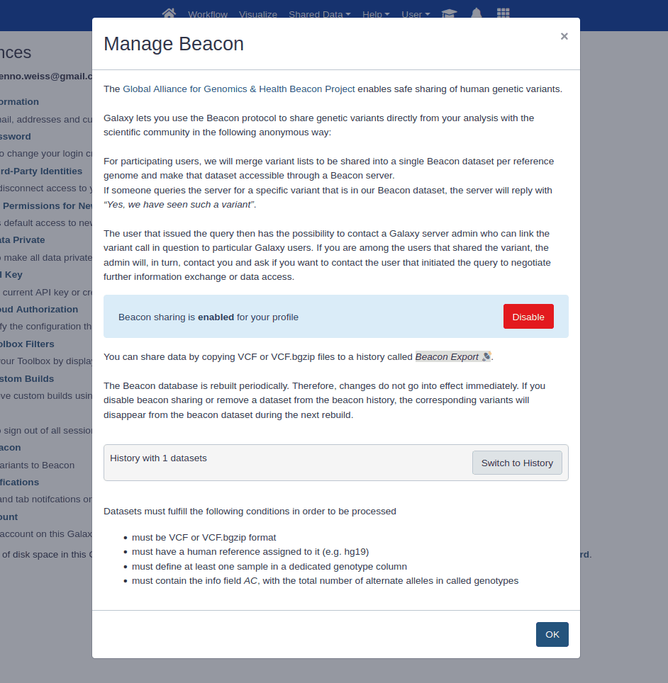 The Beacon settings dialog opened in Galaxy. It shows the setting as "enabled" and buttons to disable the setting or automatically select the beacon history. The buttons are surrounded by descriptive text.