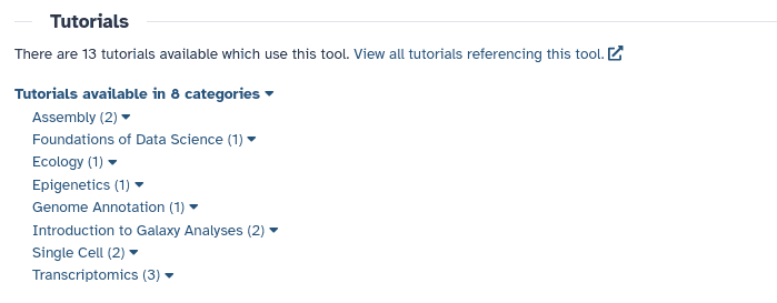 section titled "Tutorials" listing all 13 GTN tutorials which use the cat tool