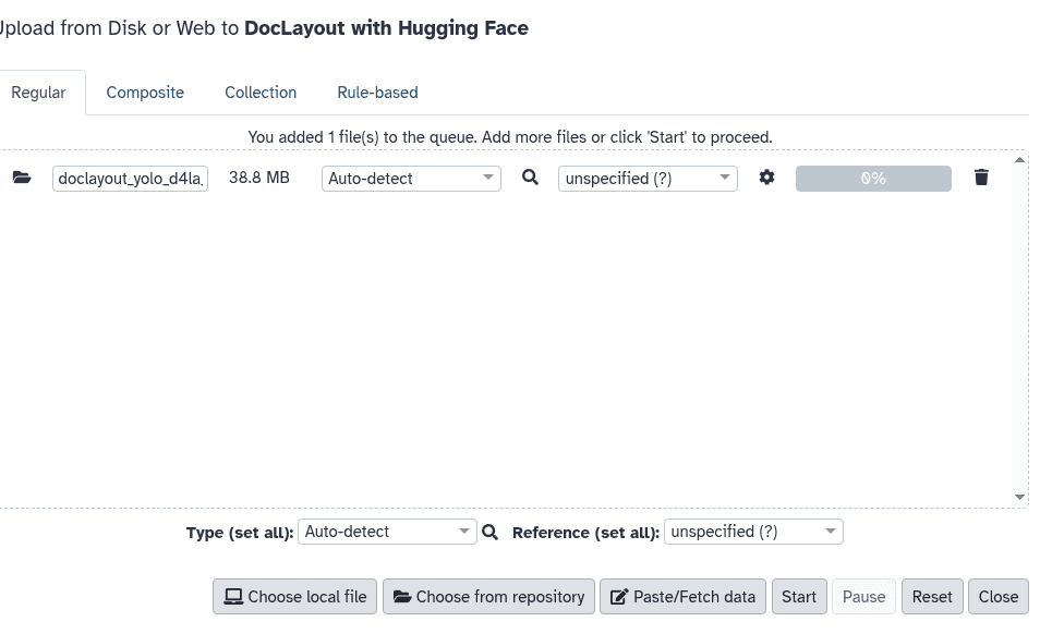 File added to upload queue; click Start to import