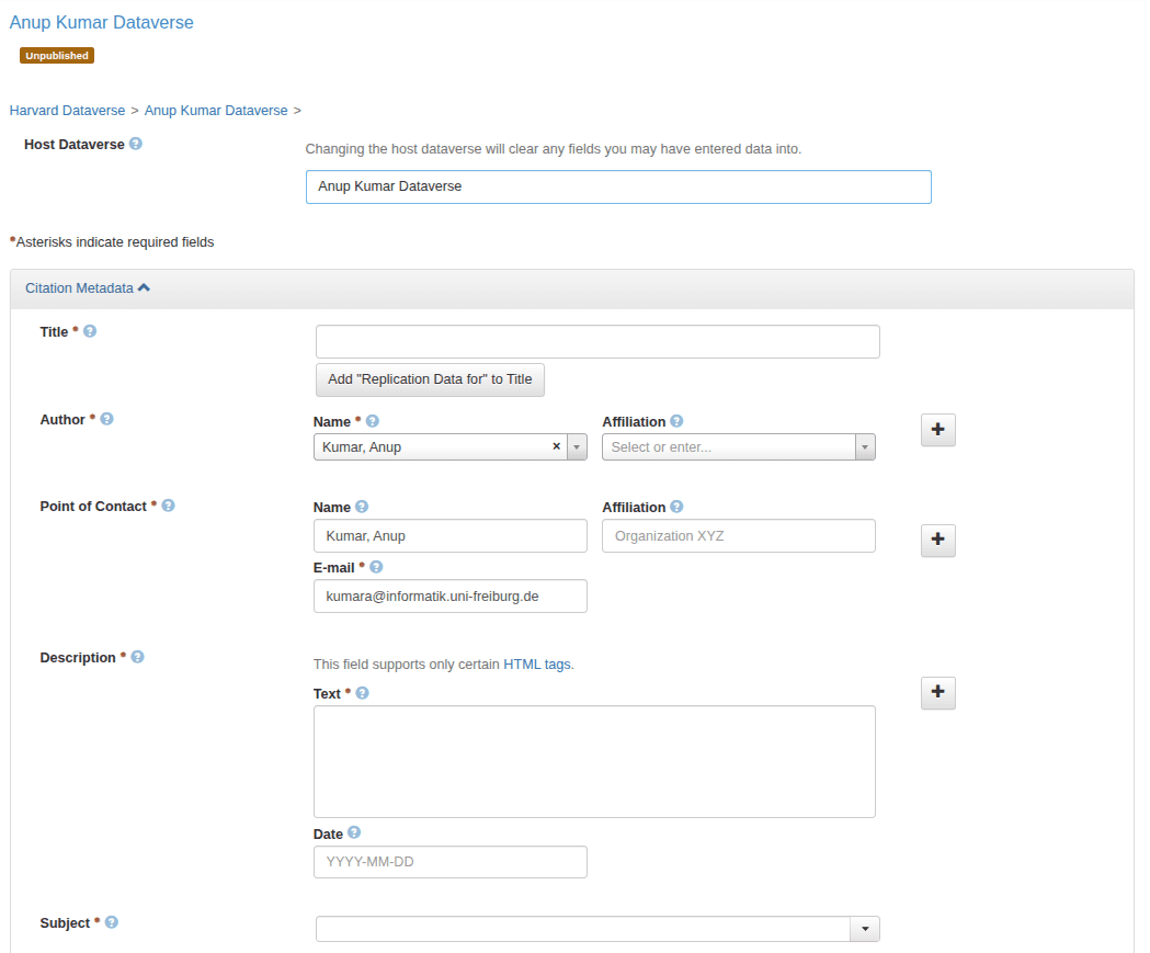 Harvard Dataverse: add dataset form