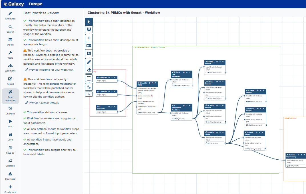 Screenshot of the Galaxy workflow editor with best practices panel open and listing which suggestions have been met