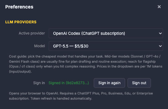 Orbit Preferences — LLM Providers panel showing the provider dropdown, model selector, and OpenAI subscription sign-in