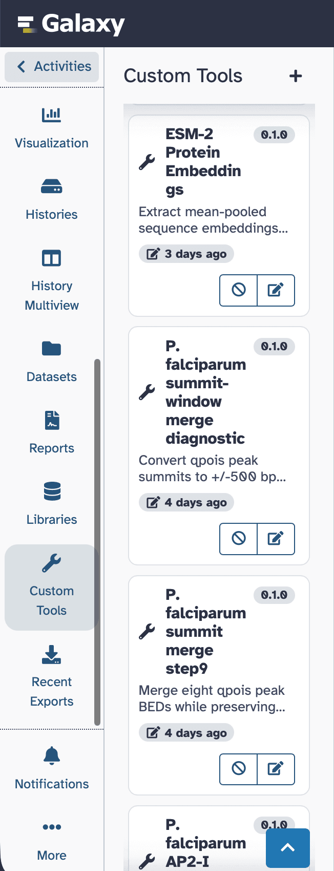 The Custom Tools panel, opened from the Activities bar, listing a user's saved UDTs with edit and disable actions on each