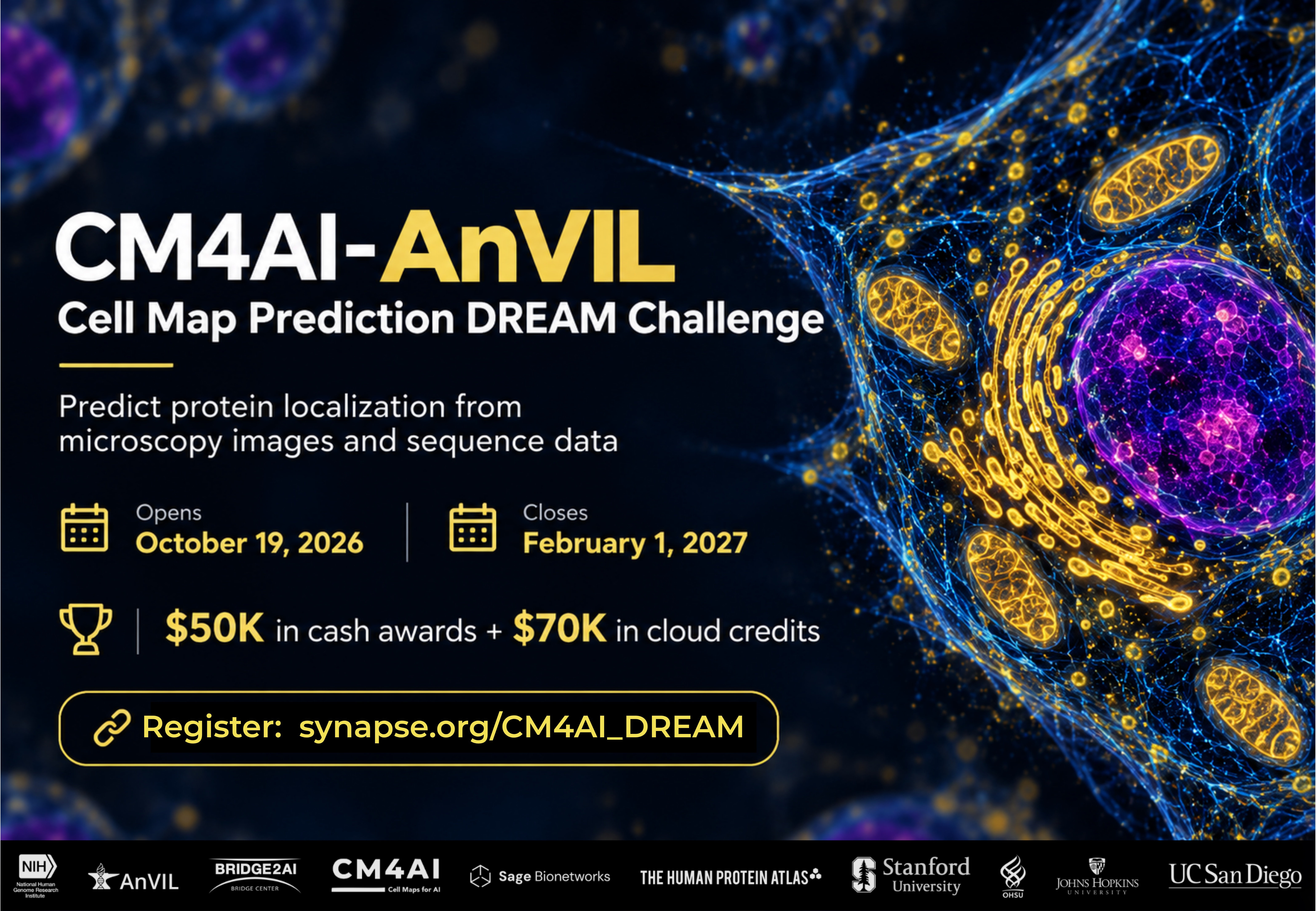 CM4AI-AnVIL Cell Map Prediction DREAM Challenge. Predict protein localization from microscopy images and sequence data. Opens October 19, 2026.
