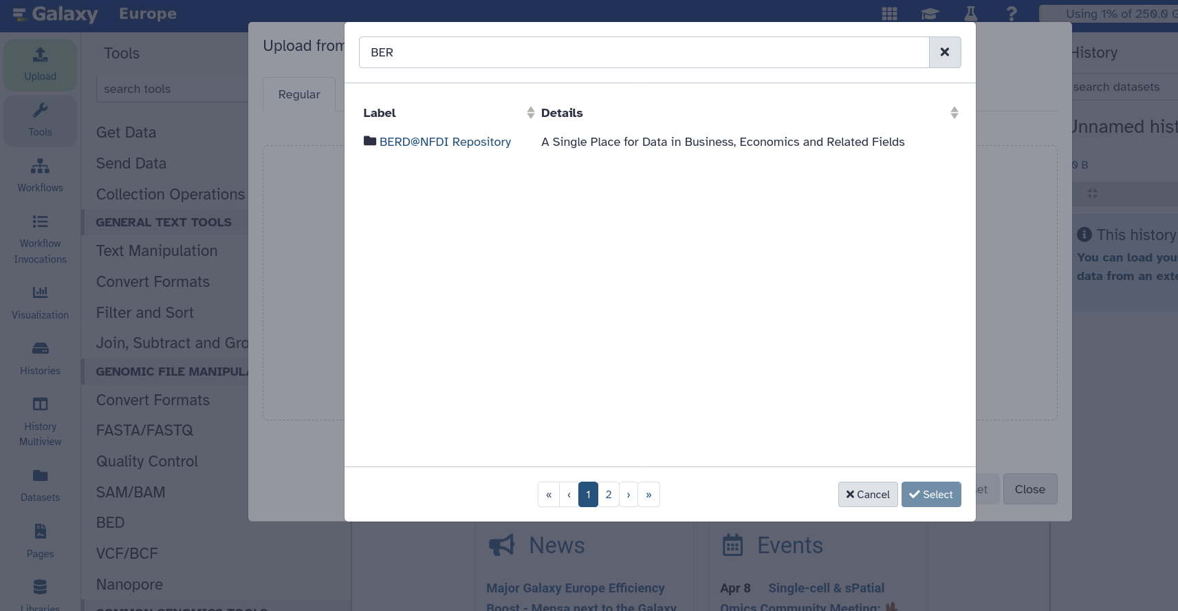 Screenshot of the BERD Data Portal Folder in Galaxy