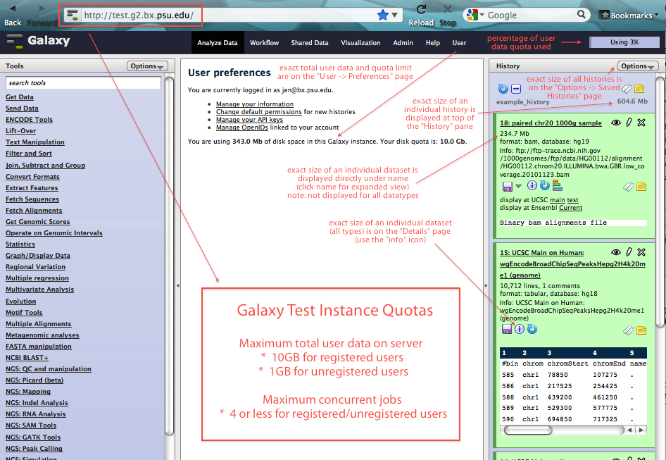 Screenshot showing quotas on Test server